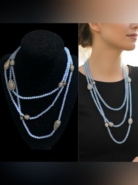 HEIDI DAUS Blue Faceted Bead Triple Necklace Crystal Teardrop Accents RARE